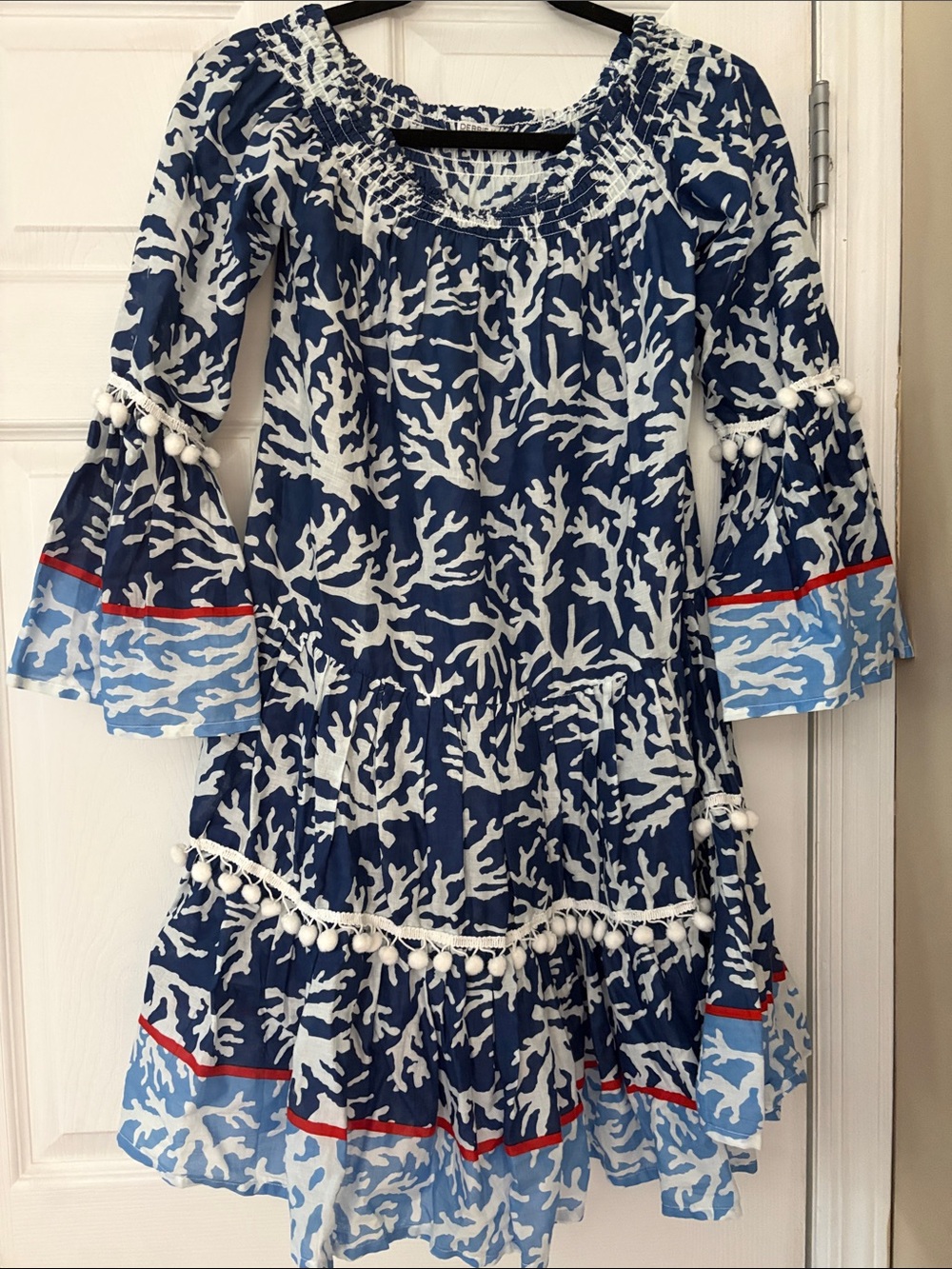 Girls Navy Coral-Print Ruffle Dress with Pom-Pom Trim